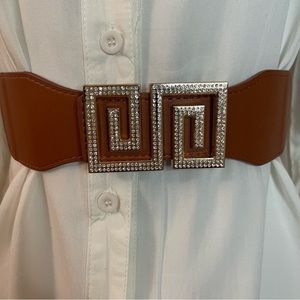 Brown PU leather rectangle buckle with rhinestones elastic waistband belt
